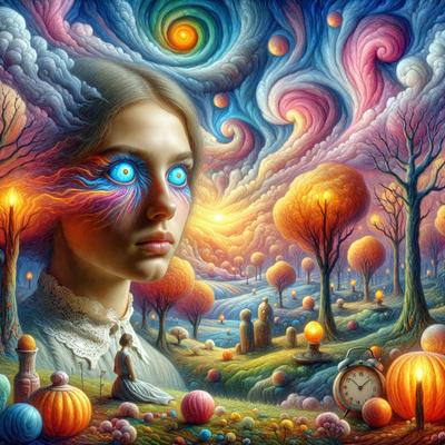 The primary subject of the image is a woman with blue eyes and a unique, colorful appearance. She is the focal point of the scene, which features a lush, vibrant forest with trees and a clock. The setting is a mix of natural elements and a surreal, artistic style, creating a whimsical and dreamlike atmosphere. The visual style of the image is a combination of digital art and illustration, with a vivid color palette that adds to the overall mood of the scene.